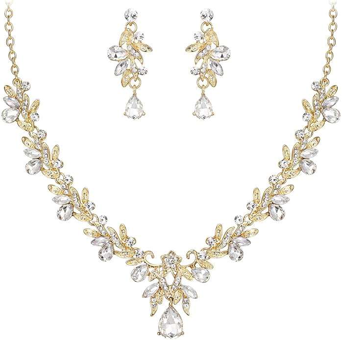 BriLove Women's Wedding Jewelery Set Leaf Flower Crystal Teardrop Marquise Cluster Pendant Necklace Dangle Earrings for Bridal Party - Image 1