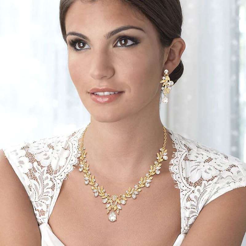 BriLove Women's Wedding Jewelery Set Leaf Flower Crystal Teardrop Marquise Cluster Pendant Necklace Dangle Earrings for Bridal Party - Image 3