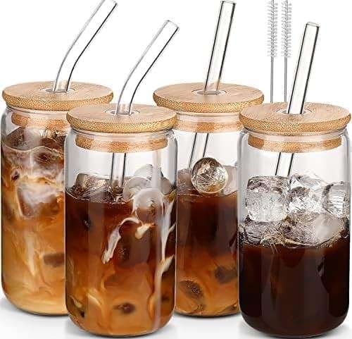 DWTS DANWEITESI Glass Cups with Lids and Straws 4 pcs,16oz Drinking Glasses Set for Coffee Bar Accessories,Iced Coffee Cups with Lids,Matcha Cup Glass Tumbler Reusable for Gifts - Image 1