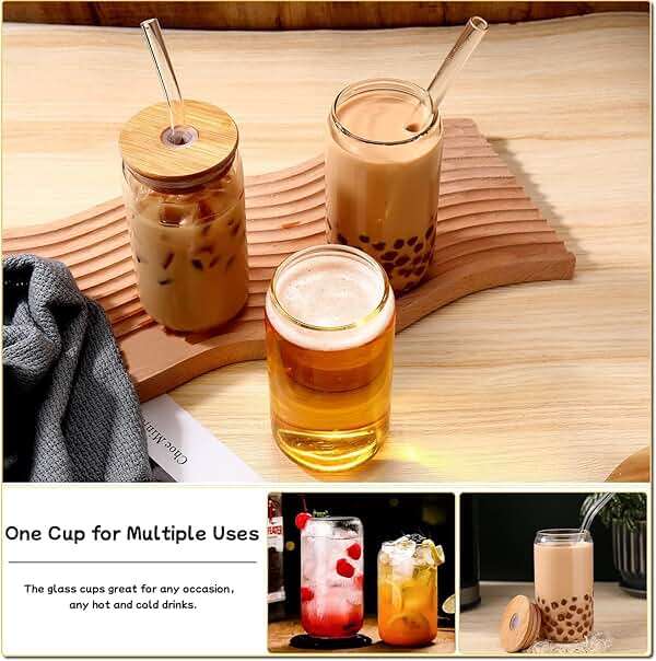DWTS DANWEITESI Glass Cups with Lids and Straws 4 pcs,16oz Drinking Glasses Set for Coffee Bar Accessories,Iced Coffee Cups with Lids,Matcha Cup Glass Tumbler Reusable for Gifts - Image 3