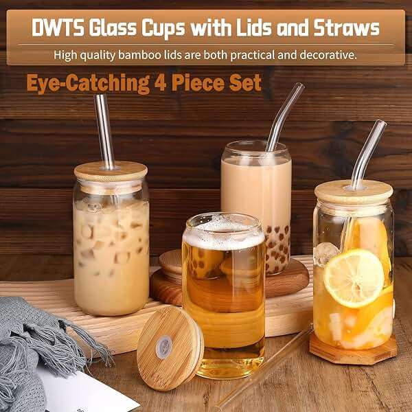 DWTS DANWEITESI Glass Cups with Lids and Straws 4 pcs,16oz Drinking Glasses Set for Coffee Bar Accessories,Iced Coffee Cups with Lids,Matcha Cup Glass Tumbler Reusable for Gifts - Image 4