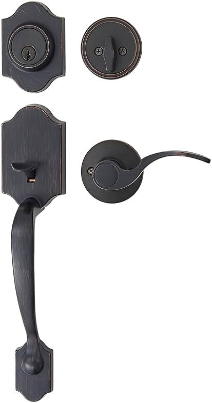 Amazon Basics Front Door Lock Set, Handleset with Shelby Lever, Level Door Handle, Exterior, Single Cylinder Packs, Oil Bronze, 6-Pack - Product Image