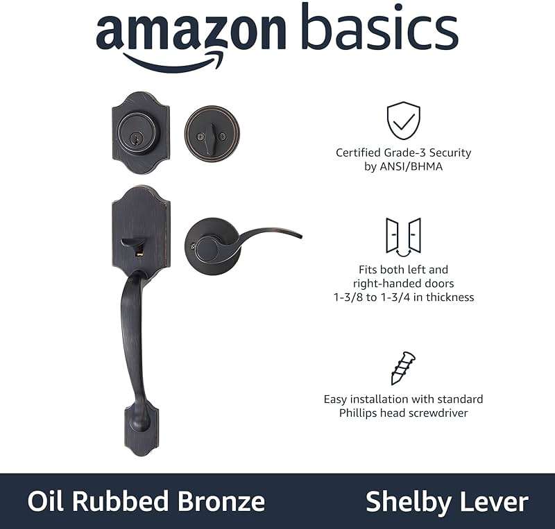 Amazon Basics Front Door Lock Set, Handleset with Shelby Lever, Level Door Handle, Exterior, Single Cylinder Packs, Oil Bronze, 6-Pack - Image 4