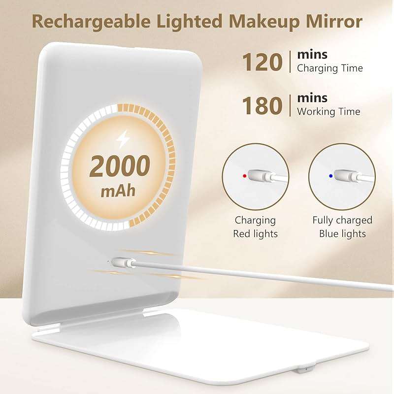miroposs Rechargeable Makeup Mirror for Travel, Vanity Mirror with 80LEDs, 3 Color Light, 2000mAh Battery, Portable Ultra Slim Lighted Mirror, Travel Essential - Image 7
