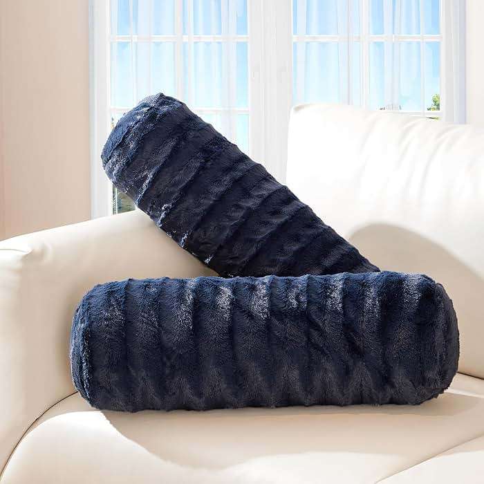 Cheer Collection Faux Fur Bolster Pillows – Soft Decorative Cylinder Pillows for Bed or Couch, Machine Washable – 8” x 24”, Set of 2, Blue - Image 1