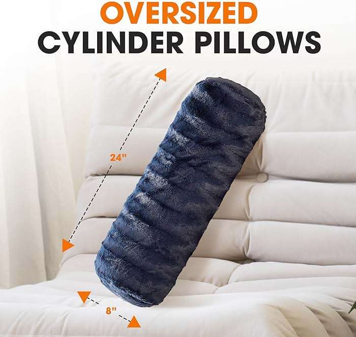 Cheer Collection Faux Fur Bolster Pillows – Soft Decorative Cylinder Pillows for Bed or Couch, Machine Washable – 8” x 24”, Set of 2, Blue - Image 2