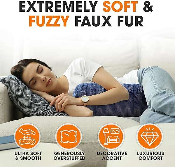 Cheer Collection Faux Fur Bolster Pillows – Soft Decorative Cylinder Pillows for Bed or Couch, Machine Washable – 8” x 24”, Set of 2, Blue - Image 4