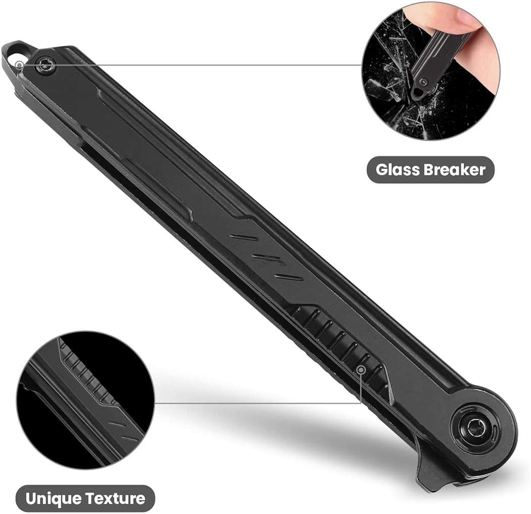 FUNBRO EDC Pocket Knife - 7CR13Mov Steel Tanto Blade, Slim Survival Knife with Clip and Liner Lock, Window Breaker for Outdoor Camping- Stocking stuffer Gifts for Men Women - Image 4
