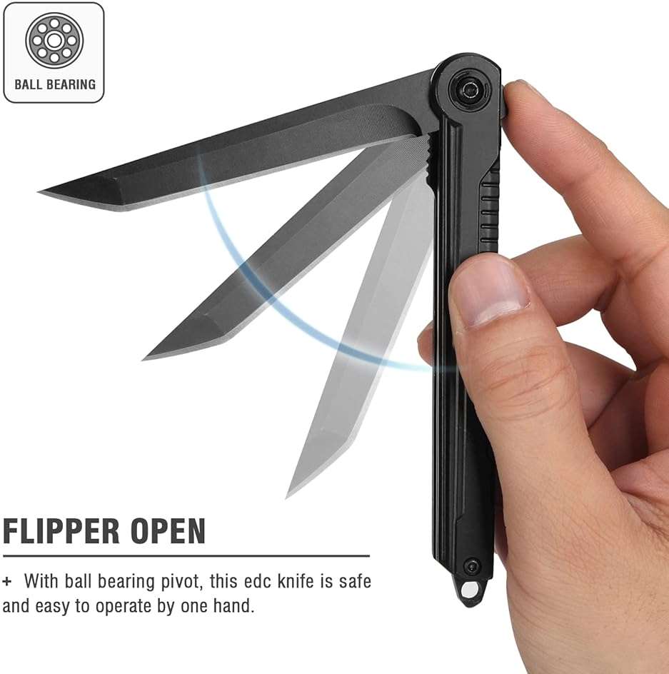 FUNBRO EDC Pocket Knife - 7CR13Mov Steel Tanto Blade, Slim Survival Knife with Clip and Liner Lock, Window Breaker for Outdoor Camping- Stocking stuffer Gifts for Men Women - Image 5