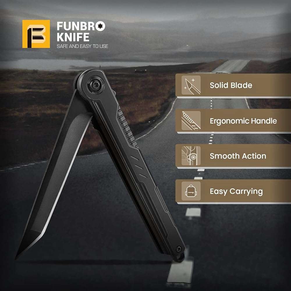 FUNBRO EDC Pocket Knife - 7CR13Mov Steel Tanto Blade, Slim Survival Knife with Clip and Liner Lock, Window Breaker for Outdoor Camping- Stocking stuffer Gifts for Men Women - Image 7