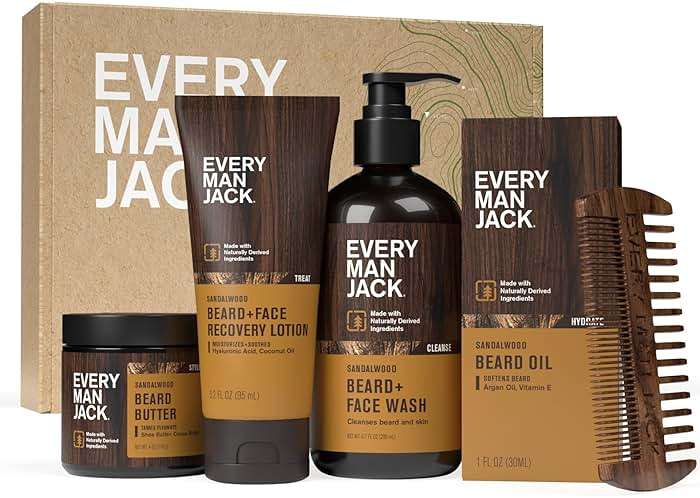 Every Man Jack Beard Essentials Gift Set for Men – Complete Routine with 5 Full-Size Essentials – Sandalwood Scent - Beard & Face Wash, Lotion, Oil, Butter & Comb - Image 1