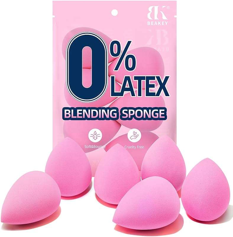 BEAKEY Super Soft Makeup Sponge Set of 6, Makeup Sponges for Foundation, Liquid, Cream and Powder, Pink Beauty Sponge for Blending, 0 Latex Blender - Image 1