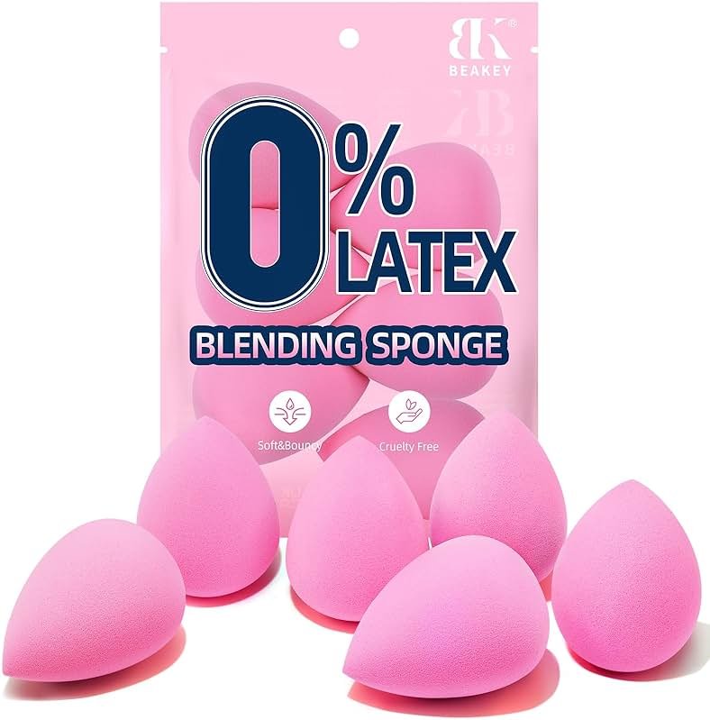 BEAKEY Super Soft Makeup Sponge Set of 6, Makeup Sponges for Foundation, Liquid, Cream and Powder, Pink Beauty Sponge for Blending, 0 Latex Blender - Product Image
