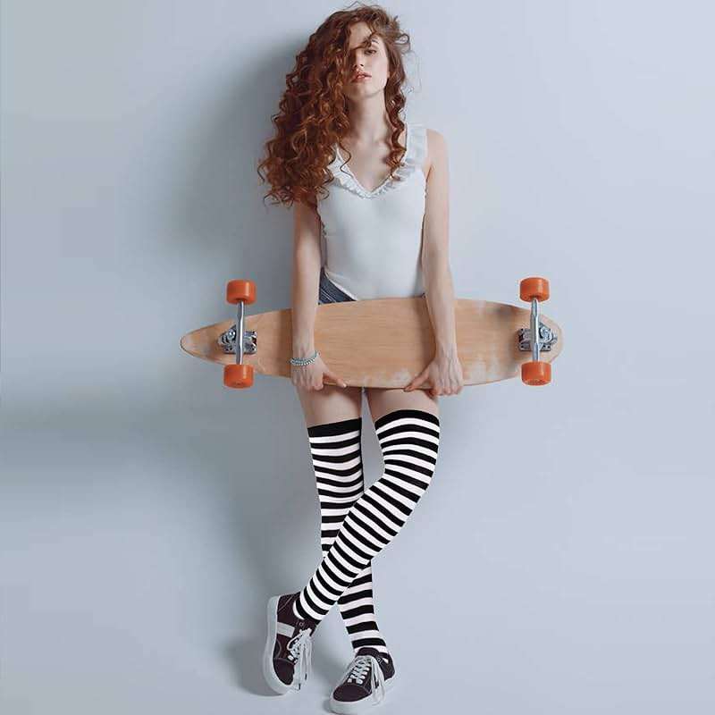 Barrlves 2/4 Sets Womens Striped Knee High Socks Long Knitted Arm Warmers Fingerless Gloves for Halloween Costume - Image 5