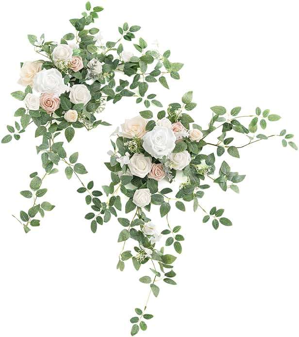 Ling's moment 2PCS Artificial Floral Swags Arch Flowers Wedding Centerpieces Flower Rose Garland Mantel Greenery Arrangements for Sweetheart Welcome Signs Decor Wall Window Home Decor White & Sage - Image 1