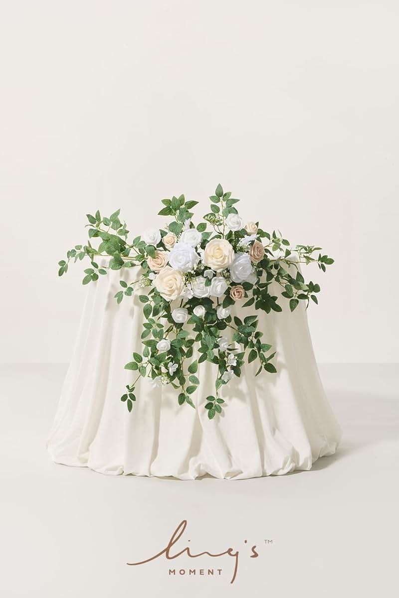 Ling's moment 2PCS Artificial Floral Swags Arch Flowers Wedding Centerpieces Flower Rose Garland Mantel Greenery Arrangements for Sweetheart Welcome Signs Decor Wall Window Home Decor White & Sage - Image 2