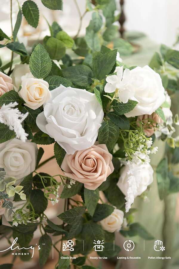 Ling's moment 2PCS Artificial Floral Swags Arch Flowers Wedding Centerpieces Flower Rose Garland Mantel Greenery Arrangements for Sweetheart Welcome Signs Decor Wall Window Home Decor White & Sage - Image 5