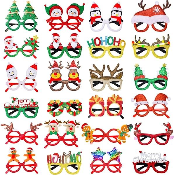 Thuodo 24Pcs Christmas Glasses Glitter Party Decorations Eyeglasses Frames, Costume Eyeglasses for Christmas Parties Holiday Favors Photo Booth Novelty Glasses Cosplay (One Size Fits All) - Product Image
