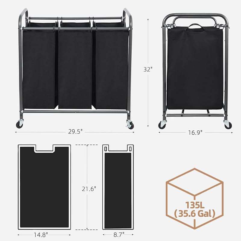 STORAGE MANIAC 3 Section Laundry Sorter, 35.9 Gal (136 L) Laundry Hamper Cart with Heavy Duty Rolling Lockable Wheels and Removable Bags, Clothes Organizer Basket Clothes Separator Hamper, Black - Image 3