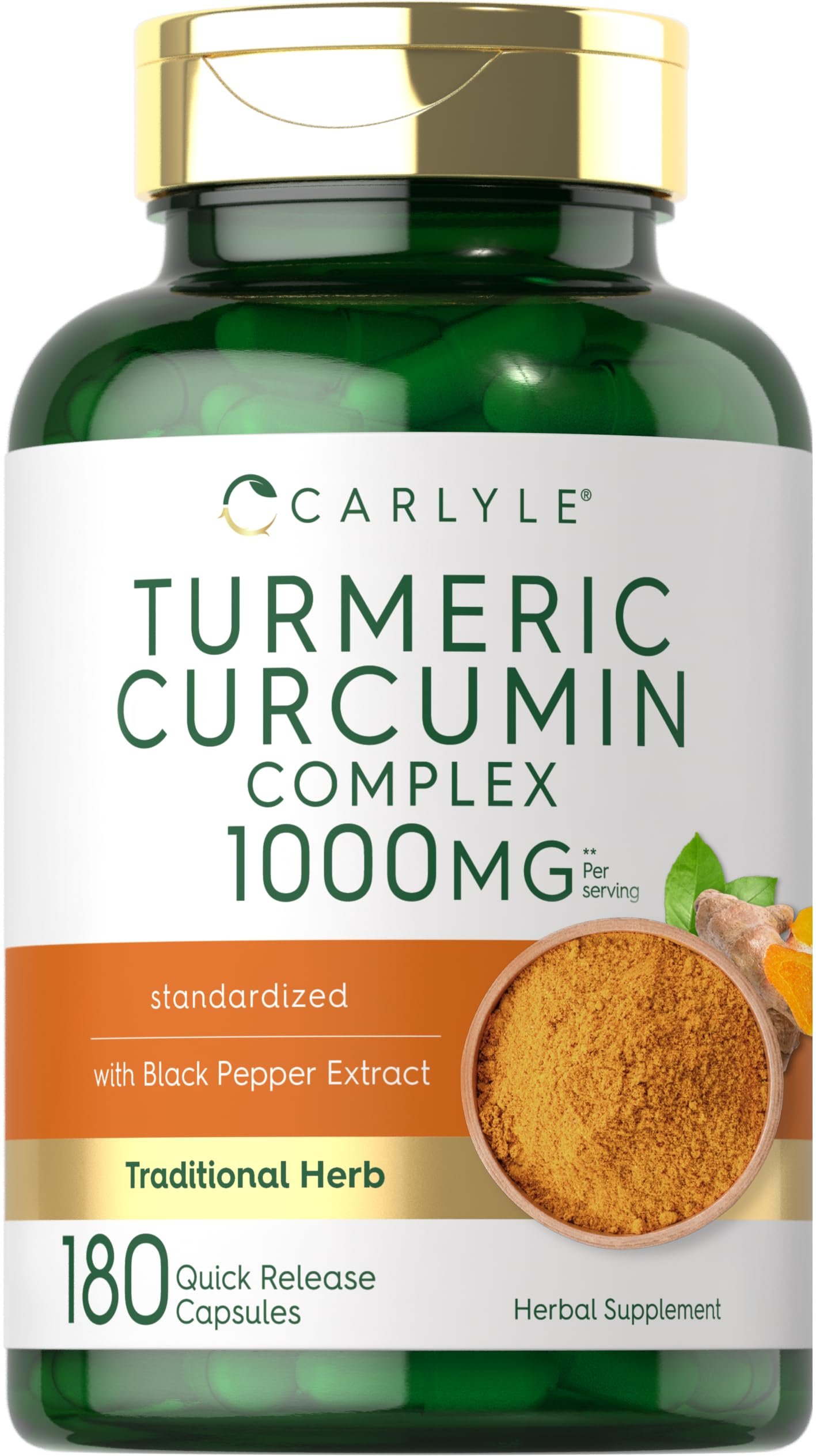 Carlyle Turmeric Curcumin with Black Pepper | 180 Capsules | Turmeric Complex Supplement | Non-GMO, Gluten Free - Product Image