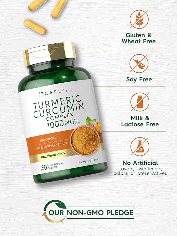 Carlyle Turmeric Curcumin with Black Pepper | 180 Capsules | Turmeric Complex Supplement | Non-GMO, Gluten Free - Image 4