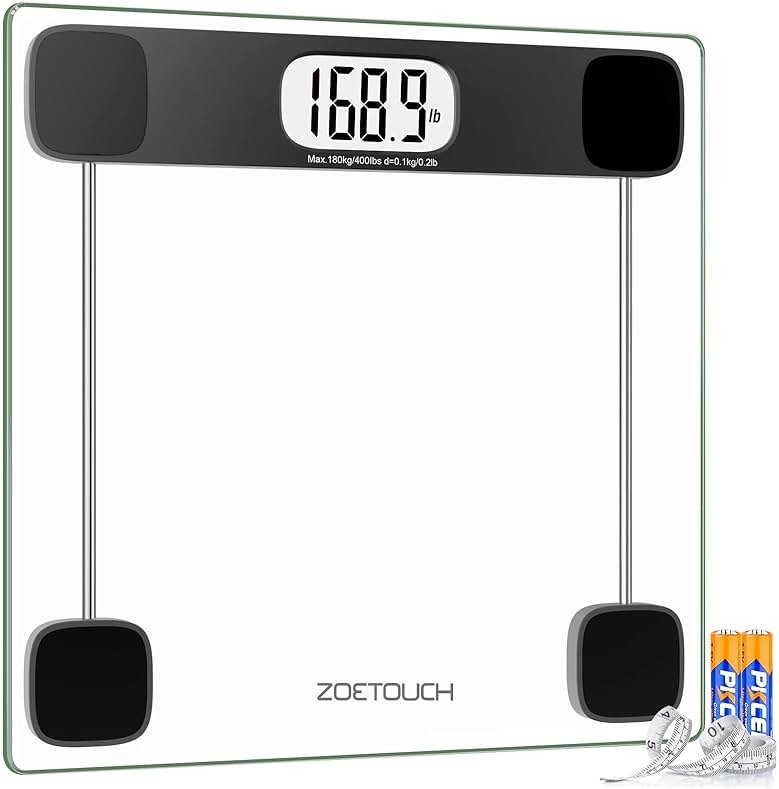 ZOETOUCH Scale for Body Weight, Accurate Bathroom Scales, Digital Weighing Machine for People, 400lb Capacity, LCD Display, Step-On Technology, Tempered Glass, Measuring Tape Included - Product Image
