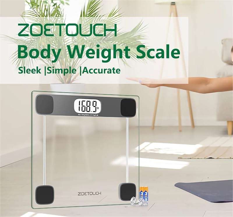 ZOETOUCH Scale for Body Weight, Accurate Bathroom Scales, Digital Weighing Machine for People, 400lb Capacity, LCD Display, Step-On Technology, Tempered Glass, Measuring Tape Included - Image 3