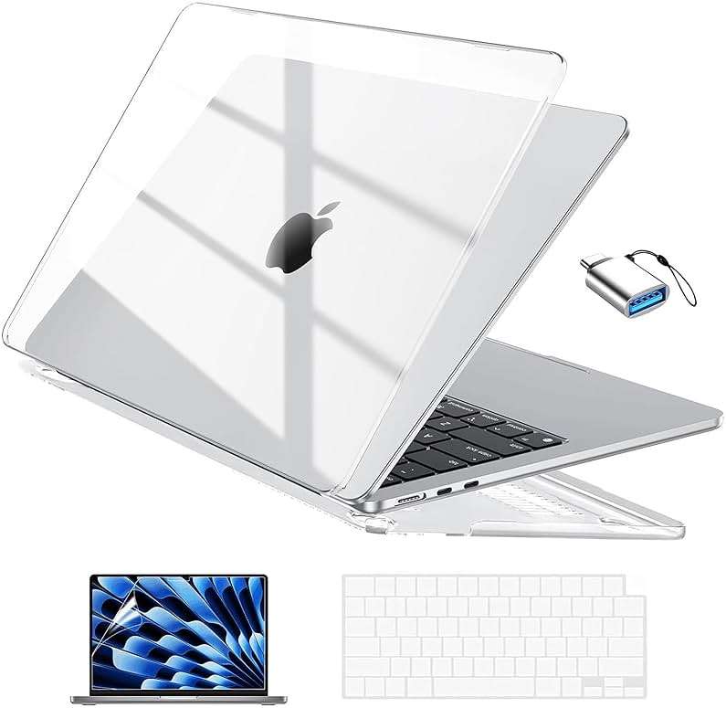 EooCoo Compatible with MacBook Air 13 inch Case M5 2026-2022 M4 M3 M2 Model A3449 A3240 A3113 A2681, Mac Air 13.6 inch Hard Shell & Keyboard Cover & Screen Film & Type-C, Crystal Clear - Image 1