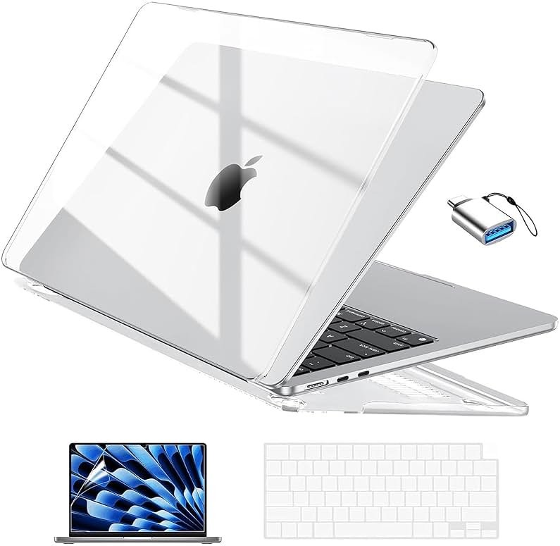 EooCoo Compatible with MacBook Air 13 inch Case M5 2026-2022 M4 M3 M2 Model A3449 A3240 A3113 A2681, Mac Air 13.6 inch Hard Shell & Keyboard Cover & Screen Film & Type-C, Crystal Clear - Product Image
