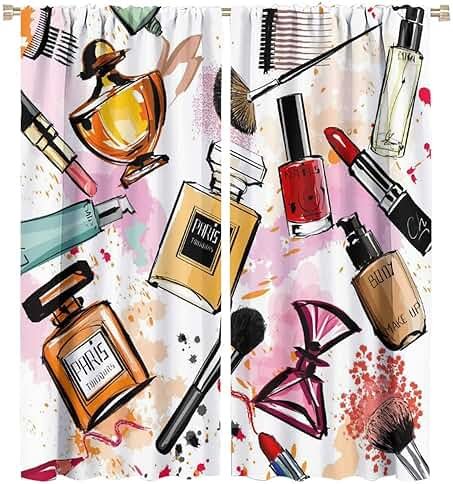 Fashion Blackout Curtains, Cosmetic and Makeup Theme Pattern Perfume Lipstick Nail Polish Brush Room Darkening Rod Pocket Windows Door Curtain for Bedroom Living Room Home Decor 42x45in - Product Image
