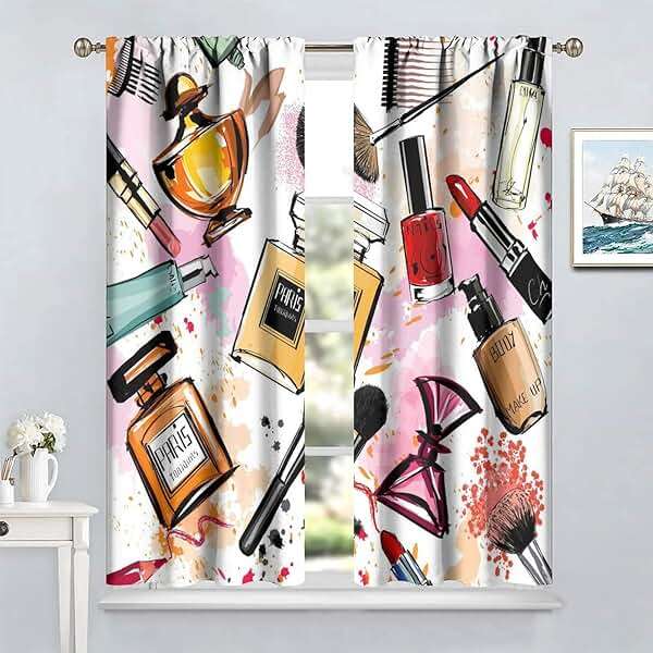 Fashion Blackout Curtains, Cosmetic and Makeup Theme Pattern Perfume Lipstick Nail Polish Brush Room Darkening Rod Pocket Windows Door Curtain for Bedroom Living Room Home Decor 42x45in - Image 2