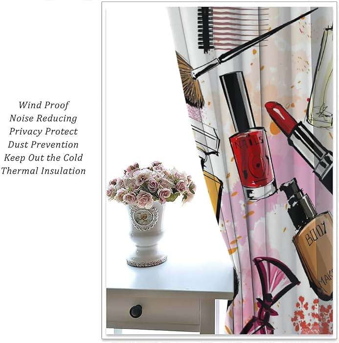 Fashion Blackout Curtains, Cosmetic and Makeup Theme Pattern Perfume Lipstick Nail Polish Brush Room Darkening Rod Pocket Windows Door Curtain for Bedroom Living Room Home Decor 42x45in - Image 5