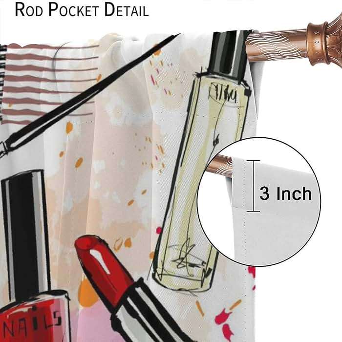 Fashion Blackout Curtains, Cosmetic and Makeup Theme Pattern Perfume Lipstick Nail Polish Brush Room Darkening Rod Pocket Windows Door Curtain for Bedroom Living Room Home Decor 42x45in - Image 6