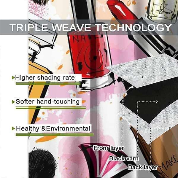 Fashion Blackout Curtains, Cosmetic and Makeup Theme Pattern Perfume Lipstick Nail Polish Brush Room Darkening Rod Pocket Windows Door Curtain for Bedroom Living Room Home Decor 42x45in - Image 7