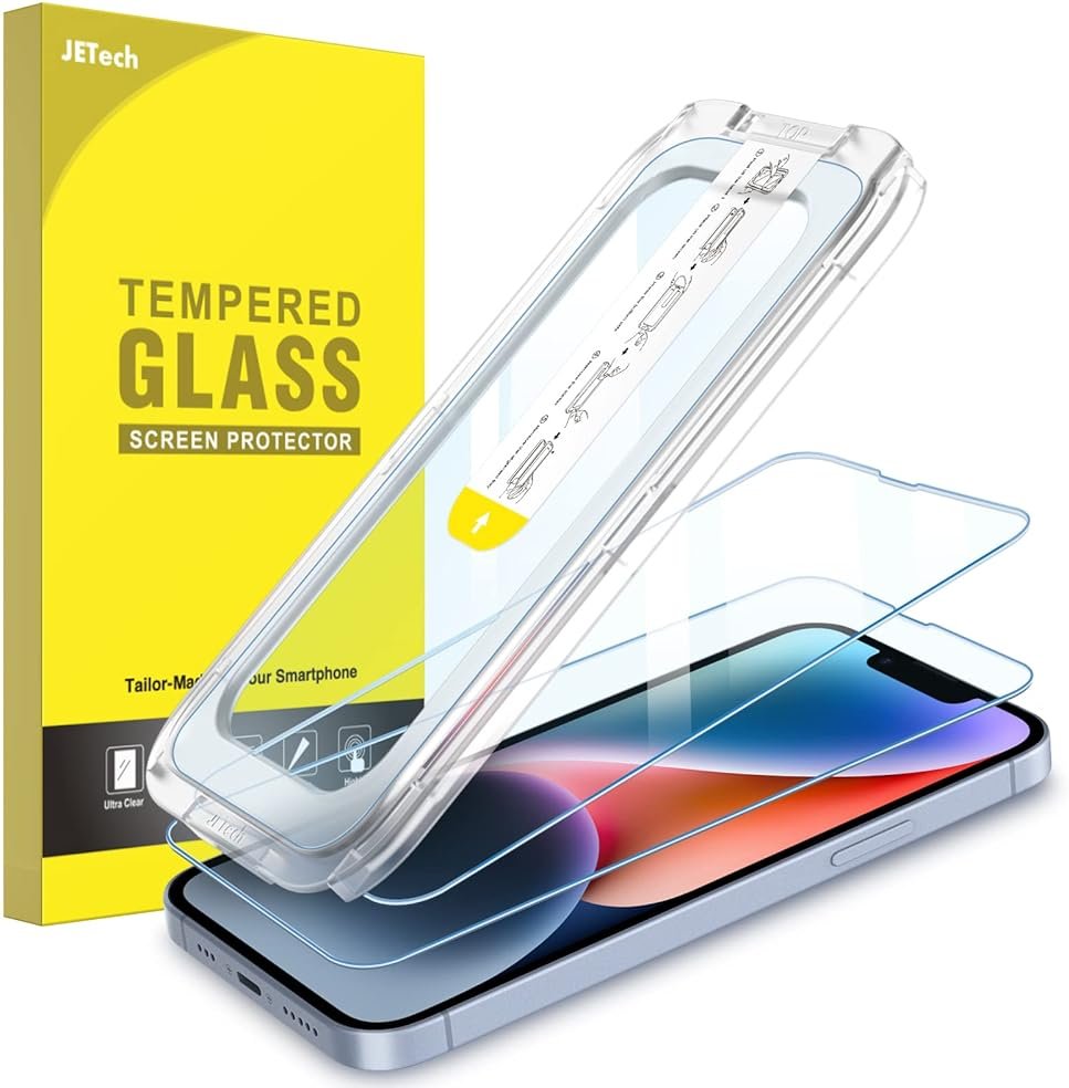 JETech One Touch Install Screen Protector for iPhone 17e (2026) / iPhone 16e / iPhone 14, Full Coverage Tempered Glass Film, Auto Alignment Tool Kit, HD Clear, 6.1-Inch Display, 2-Pack - Product Image