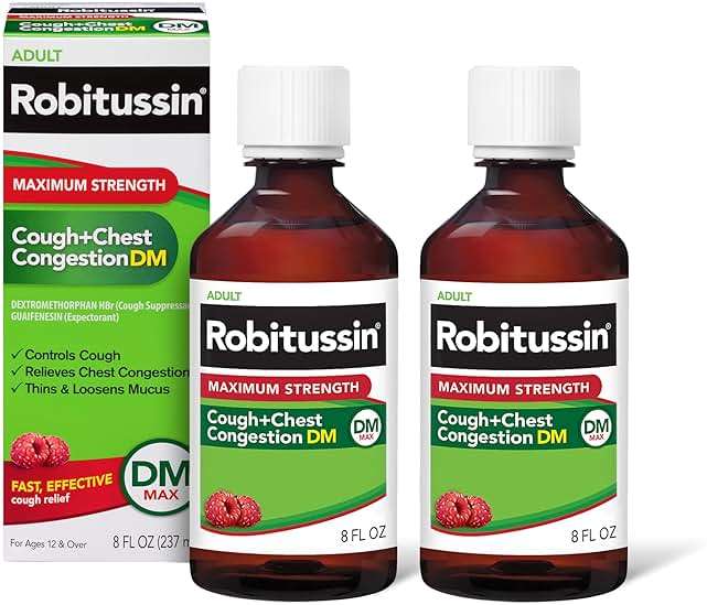 Robitussin Adult Maximum Strength Cough Plus Chest Congestion DM Max, Cough Suppressant and Expectorant, Raspberry Flavor, 8 Fl Oz x 2 - Image 1