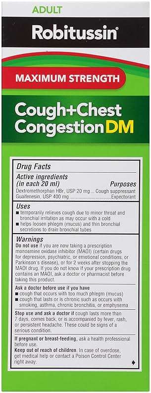Robitussin Adult Maximum Strength Cough Plus Chest Congestion DM Max, Cough Suppressant and Expectorant, Raspberry Flavor, 8 Fl Oz x 2 - Image 10