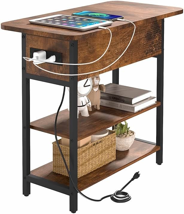 Yoobure End Table with Charging Station, Flip Top Side Table with USB Ports and Outlets, Sofa Couch Table Bedside Table for Living Room Bedroom, Narrow Nightstand with Storage Shelves for Small Space - Product Image