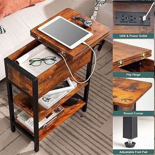 Yoobure End Table with Charging Station, Flip Top Side Table with USB Ports and Outlets, Sofa Couch Table Bedside Table for Living Room Bedroom, Narrow Nightstand with Storage Shelves for Small Space - Image 5