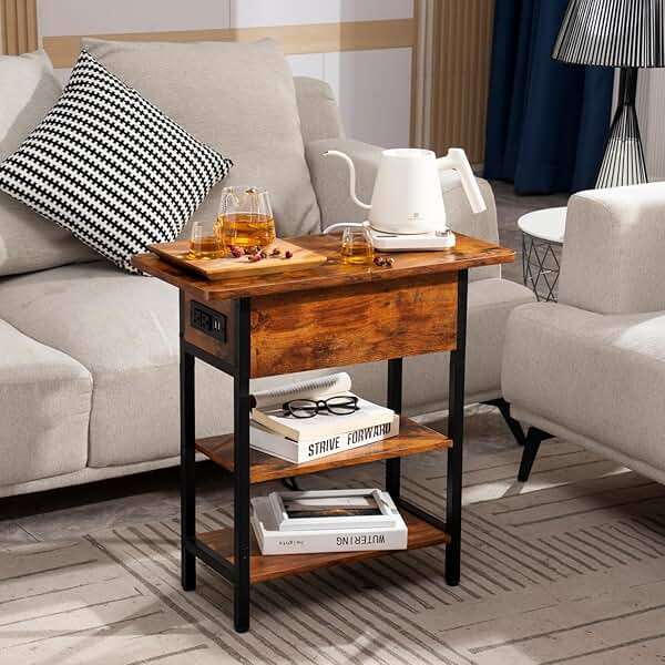 Yoobure End Table with Charging Station, Flip Top Side Table with USB Ports and Outlets, Sofa Couch Table Bedside Table for Living Room Bedroom, Narrow Nightstand with Storage Shelves for Small Space - Image 9