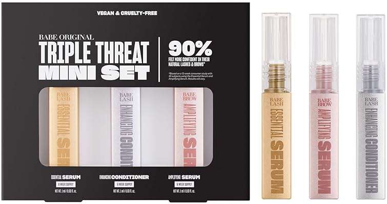 Babe Original Triple Threat Mini Set, Includes Babe Lash Essential Serum & Enhancing Conditioner + Babe Brow Amplifying Serum, 1 mL, 3 Pack - Image 1