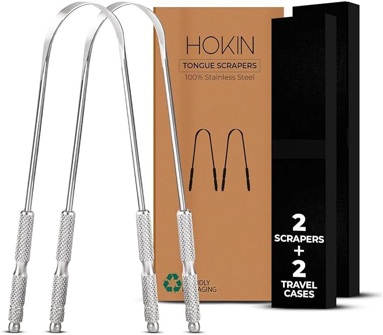 Tongue Scraper for Adults by HOKIN (2Pcs Oral Care Pack) Stainless Steel Tongue Cleaners Reduce Bad Breath 100% Metal Tough Scrapers Men and Women Hygiene Product - Product Image
