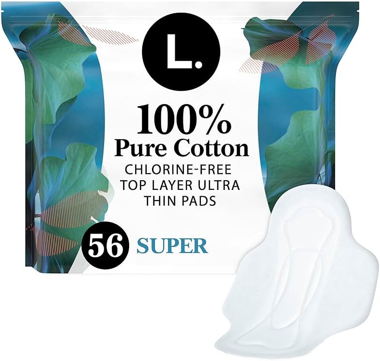 L. Ultra Thin Pads for Women, Super Absorbency, 100% Pure Cotton Top Layer, Unscented Pads with Wings, 56 Count Total - Product Image