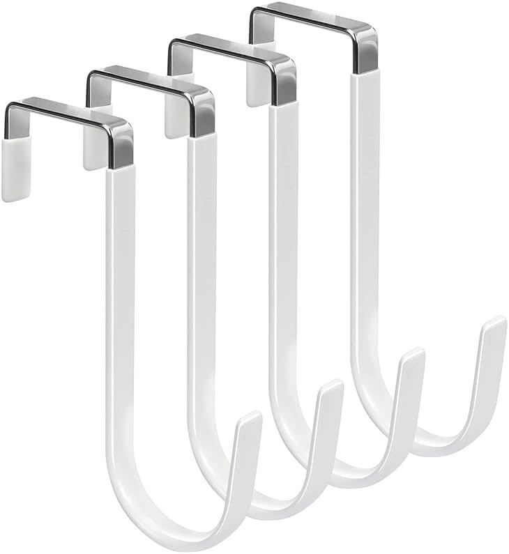 FYY Over the Door Hooks, 4 Pack Hangers Hooks with Rubber Prevent Scratches Heavy Duty Organizer for Living Room, Bathroom, Bedroom, Kitchen Hanging Clothes, Towels, Hats, Coats, Bags White - Product Image