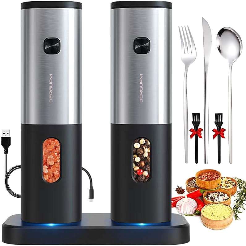 Rechargeable Electric Salt and Pepper Grinder Set with Charging Base, DERGUAM Stainless Steel Pepper Grinder with Adjustable Coarseness and Led Light - Image 1