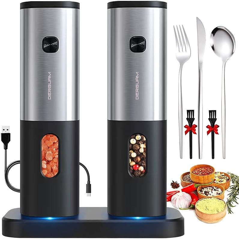 Rechargeable Electric Salt and Pepper Grinder Set with Charging Base, DERGUAM Stainless Steel Pepper Grinder with Adjustable Coarseness and Led Light - Product Image