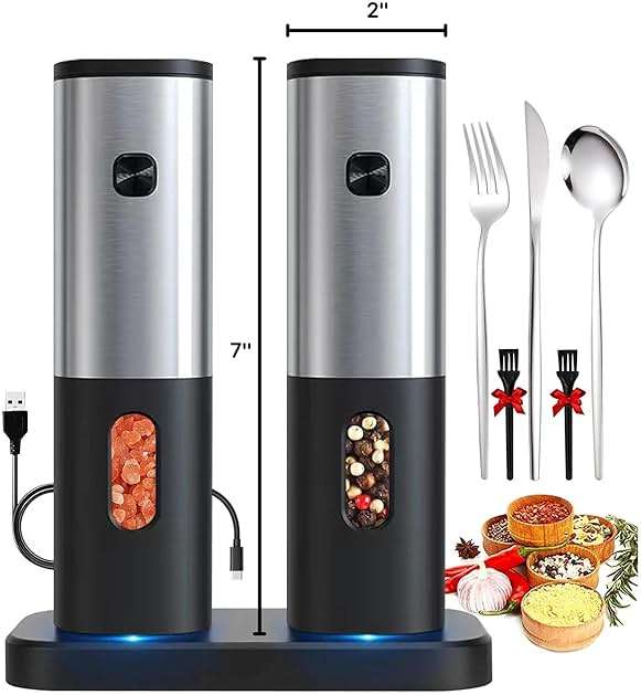Rechargeable Electric Salt and Pepper Grinder Set with Charging Base, DERGUAM Stainless Steel Pepper Grinder with Adjustable Coarseness and Led Light - Image 2
