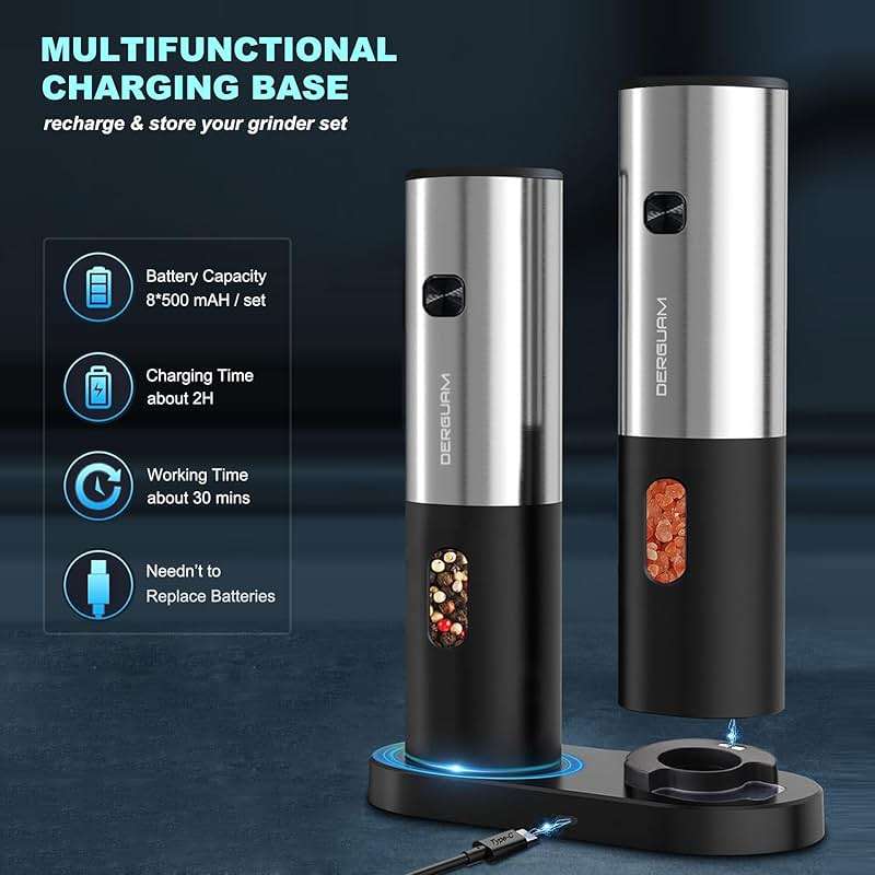 Rechargeable Electric Salt and Pepper Grinder Set with Charging Base, DERGUAM Stainless Steel Pepper Grinder with Adjustable Coarseness and Led Light - Image 3