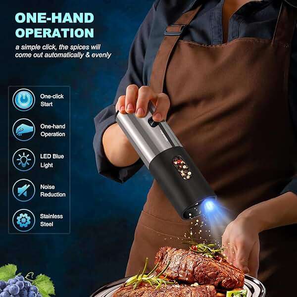 Rechargeable Electric Salt and Pepper Grinder Set with Charging Base, DERGUAM Stainless Steel Pepper Grinder with Adjustable Coarseness and Led Light - Image 4