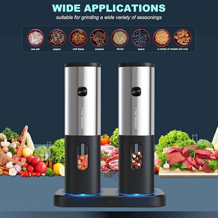 Rechargeable Electric Salt and Pepper Grinder Set with Charging Base, DERGUAM Stainless Steel Pepper Grinder with Adjustable Coarseness and Led Light - Image 6
